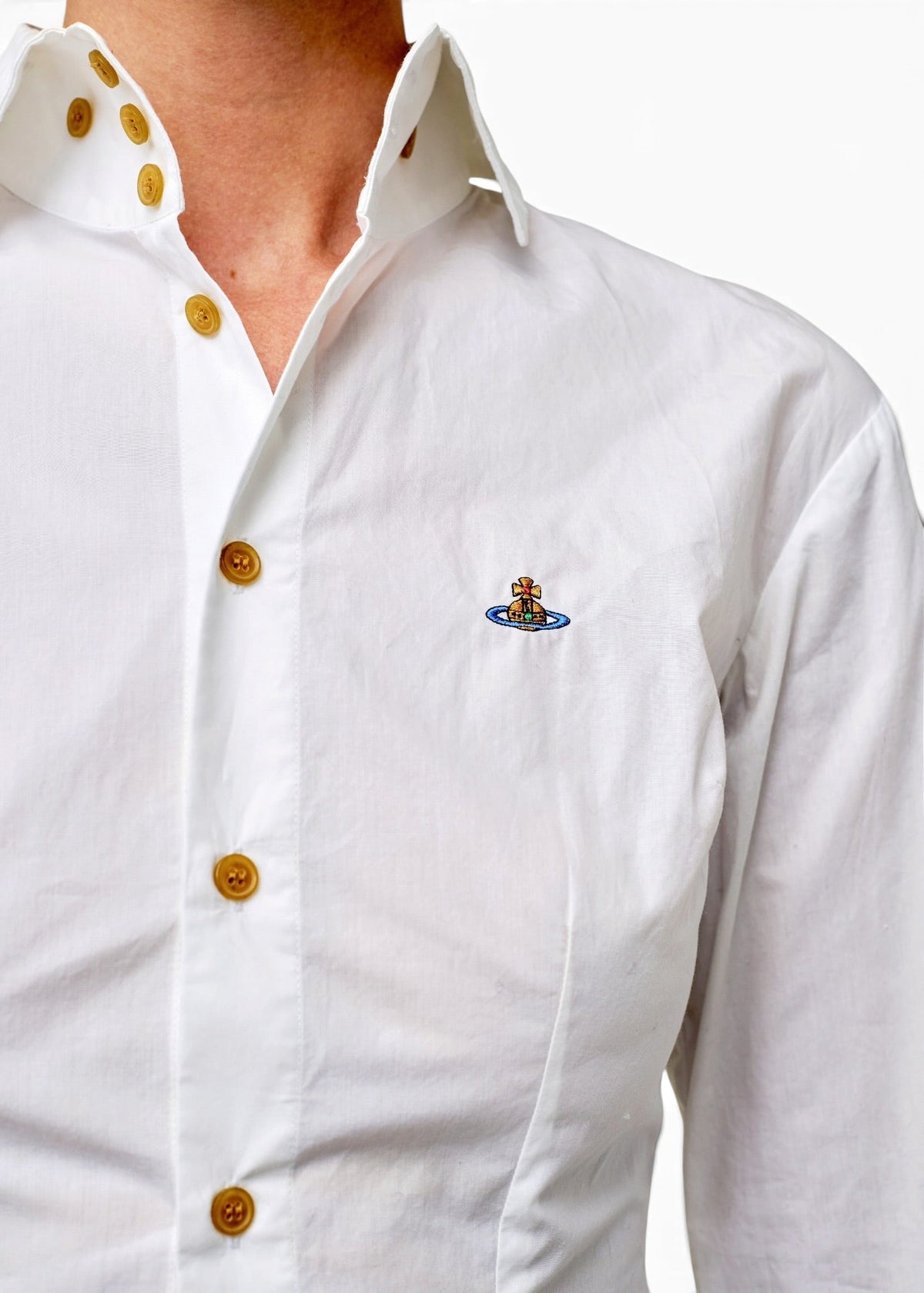 Lost Labels Vivienne Westwood white cotton button-down shirt with contrast buttons and embroidered Orb logo on chest