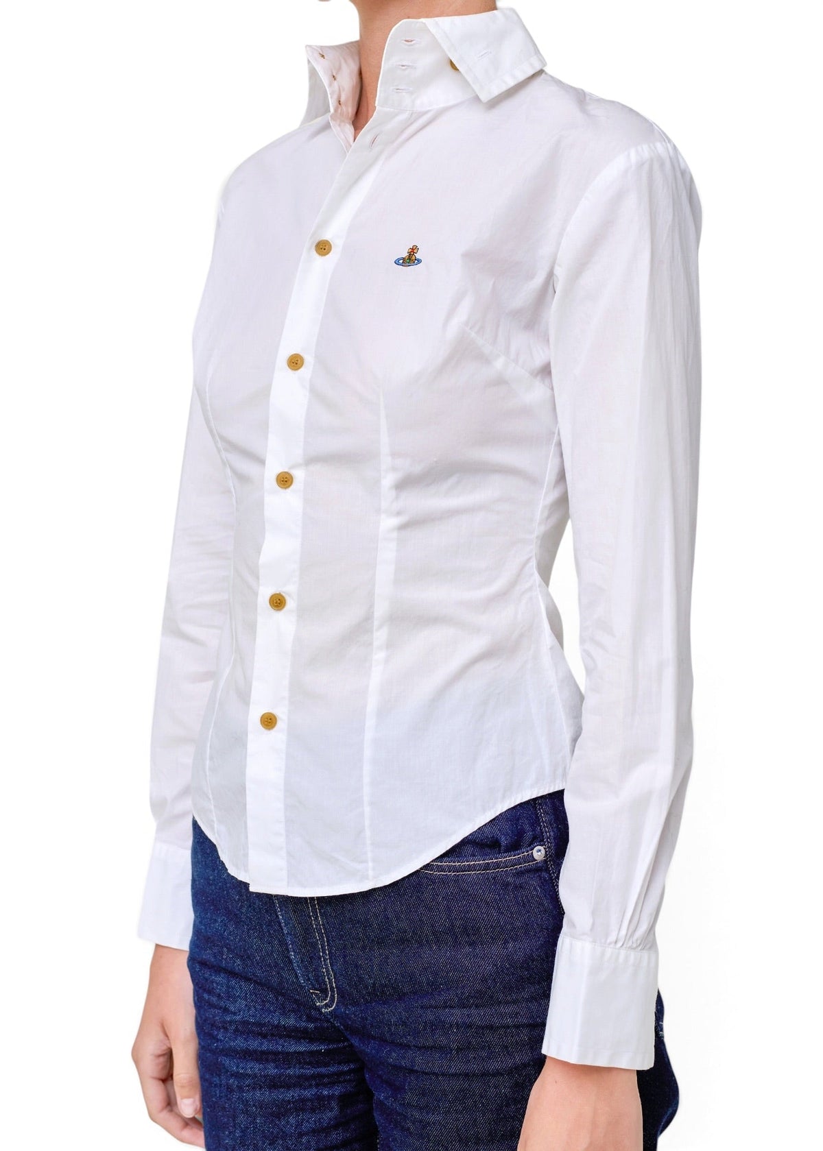 Lost Labels Vivienne Westwood white slim-fit cotton button-down shirt with Orb logo embroidery and contrast buttons.