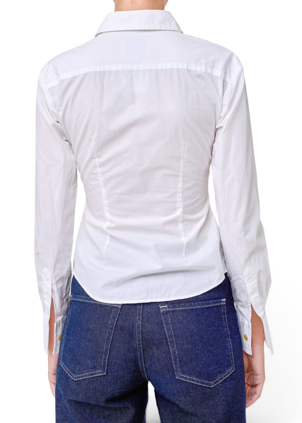 Back view of a Lost Labels Vivienne Westwood white cotton long sleeve button-down shirt tucked into blue denim jeans.