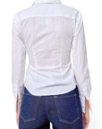 Back view of a Lost Labels Vivienne Westwood white cotton long sleeve button-down shirt tucked into blue denim jeans.