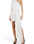 Lost Labels white one-shoulder mini dress with ruched detailing and a cascading side drape on a model