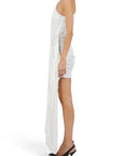 Lost Labels white one-shoulder mini dress with ruched detailing and a cascading side drape, side view.
