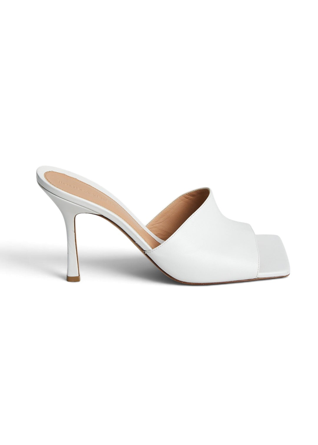 Lost Labels Bottega Veneta white leather mule heels with a modern square toe and sculpted stiletto heel.