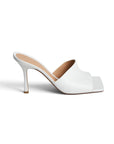 Lost Labels Bottega Veneta white leather mule heels with a modern square toe and sculpted stiletto heel.