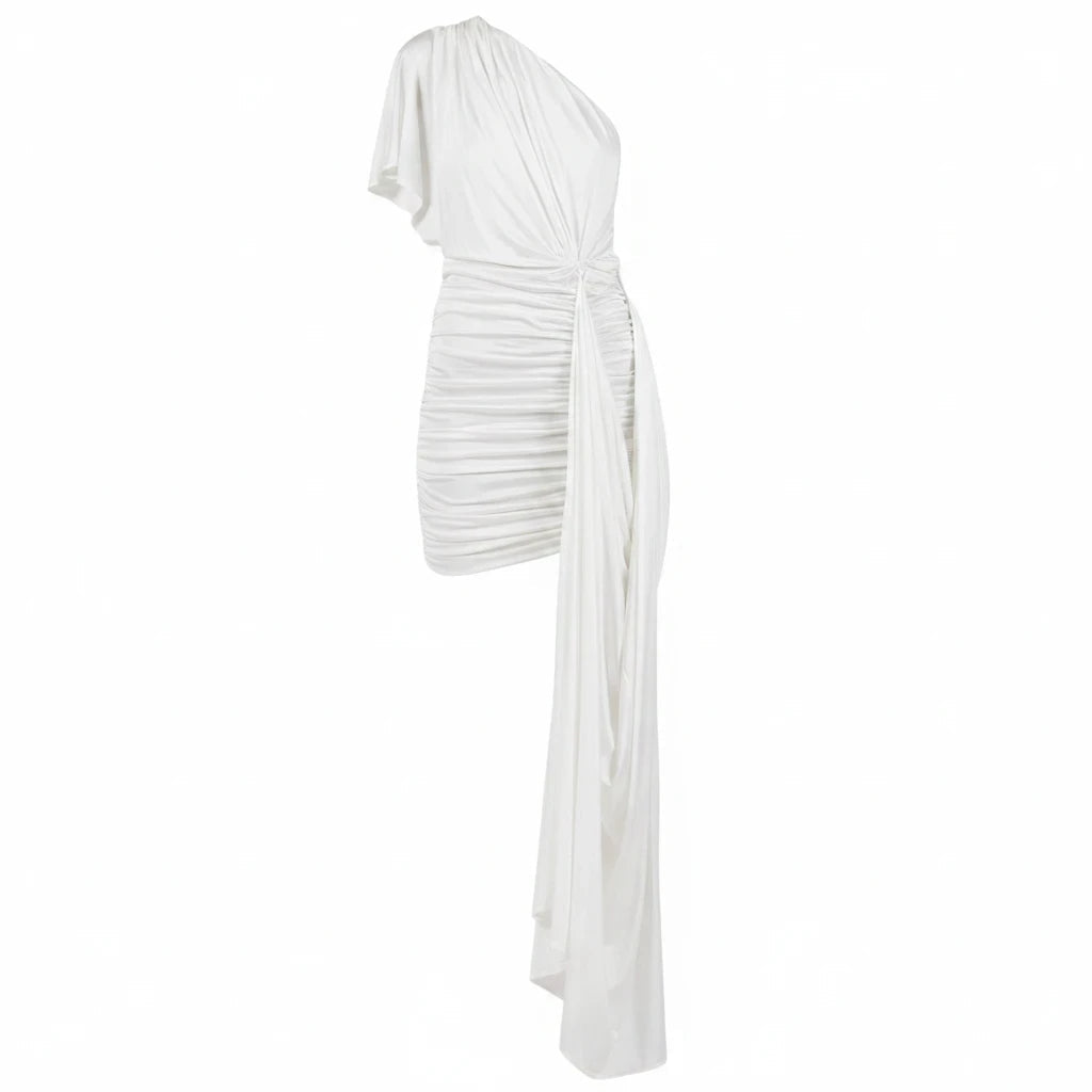 Lost Labels white one-shoulder mini dress with ruched detailing and a cascading side drape in silky fabric.