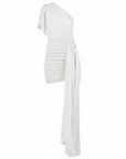 Lost Labels white one-shoulder mini dress with ruched detailing and a cascading side drape in silky fabric.