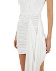 Lost Labels white one-shoulder mini dress with ruched fabric and elegant side-drape detail for evening wear.