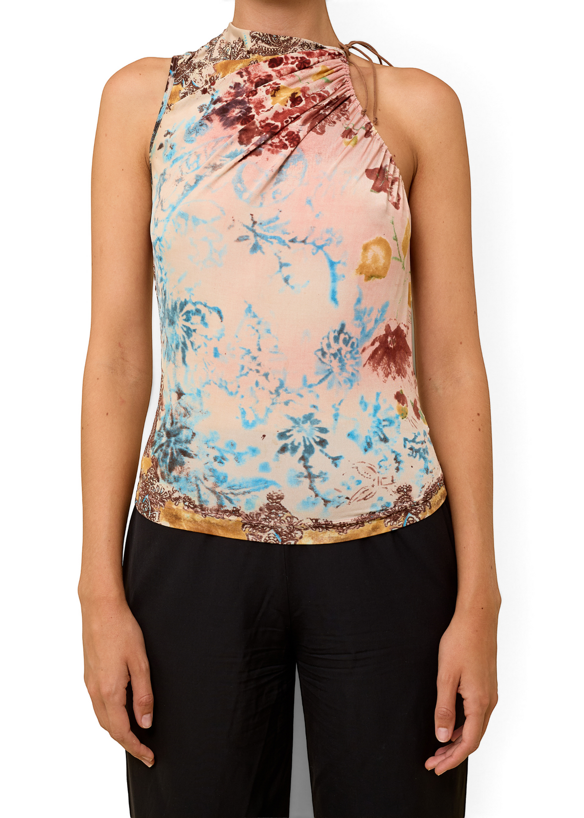 Lost Labels Plein Sud multicolor floral print sleeveless top with a draped halter neckline on a model