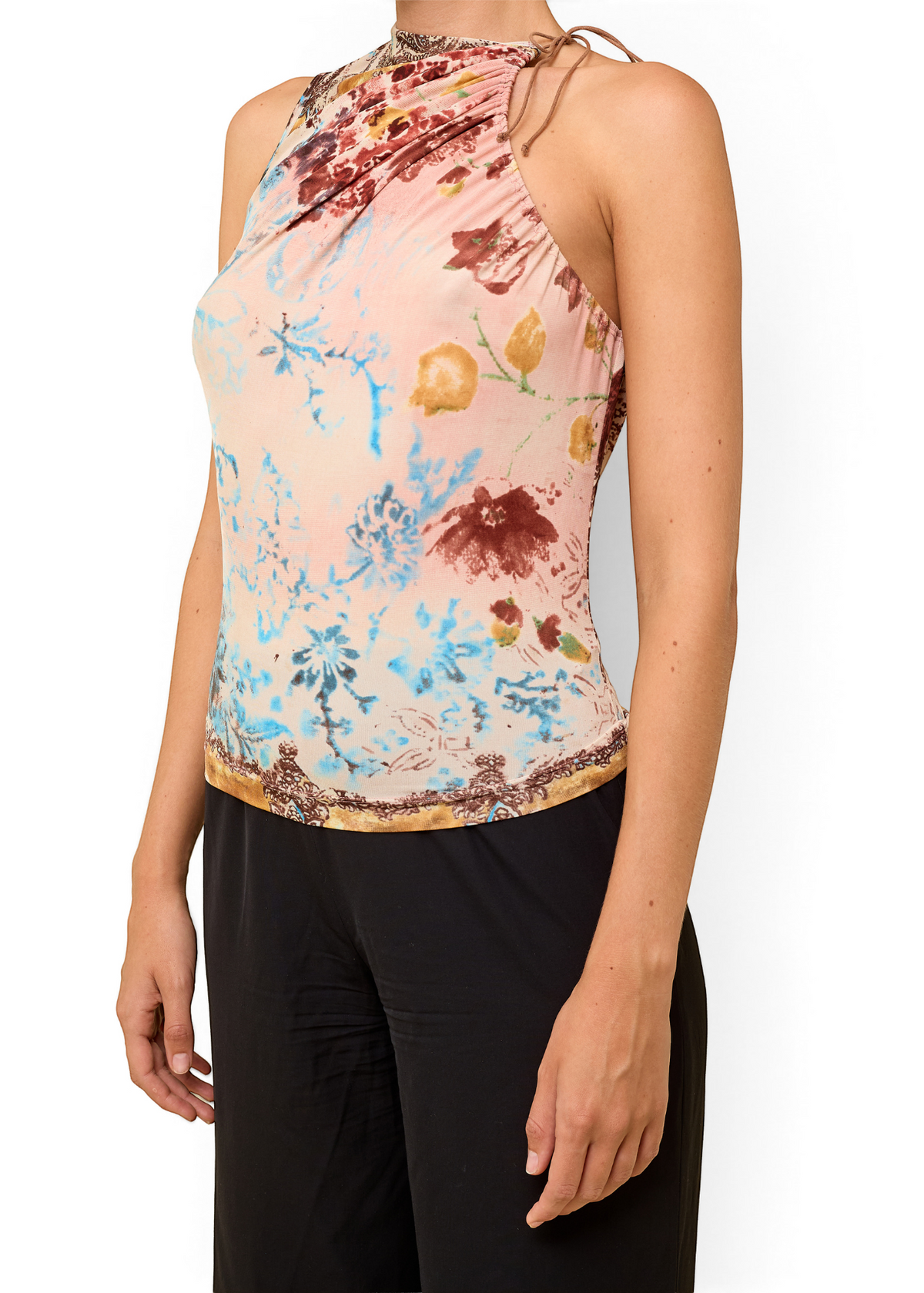 Lost Labels Plein Sud multicolor floral halter top with a body-conscious fit and tie-neck detail.
