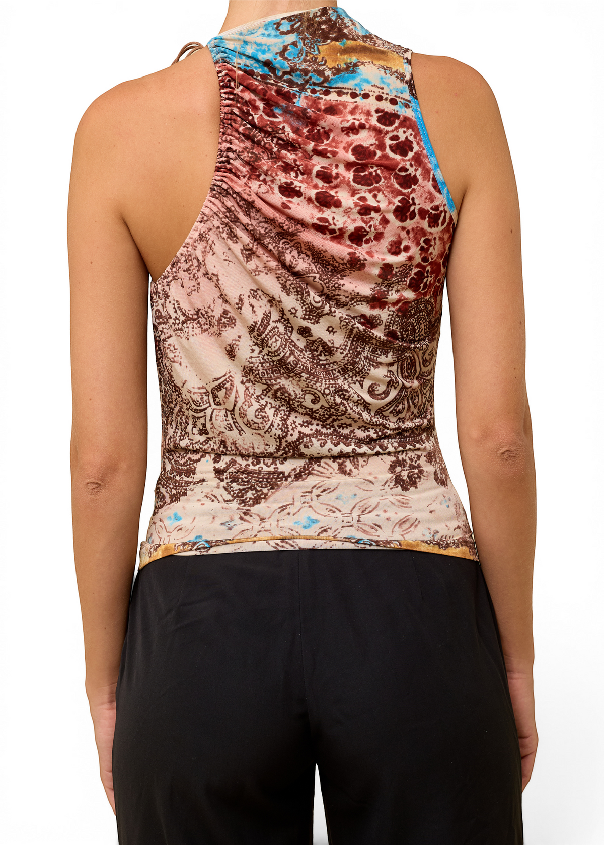 Lost Labels Plein Sud multicolor sleeveless top with a draped asymmetrical neckline and intricate patterned print.