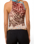 Lost Labels Plein Sud multicolor sleeveless top with a draped asymmetrical neckline and intricate patterned print.